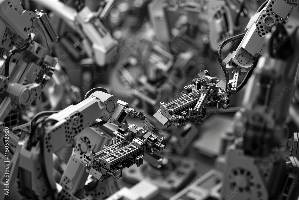 Poster detailed robotic arms showcasing intricate engineering and design in an exhibition on advanced techn