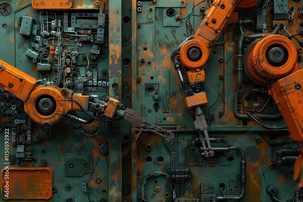 Aufkleber detailed robotic arms showcasing intricate engineering and design in an exhibition on advanced techn