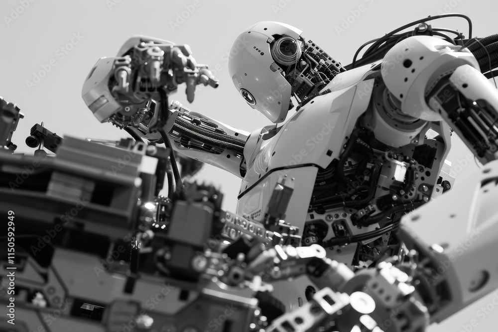 Poster detailed robotic arms showcasing intricate engineering and design in an exhibition on advanced techn