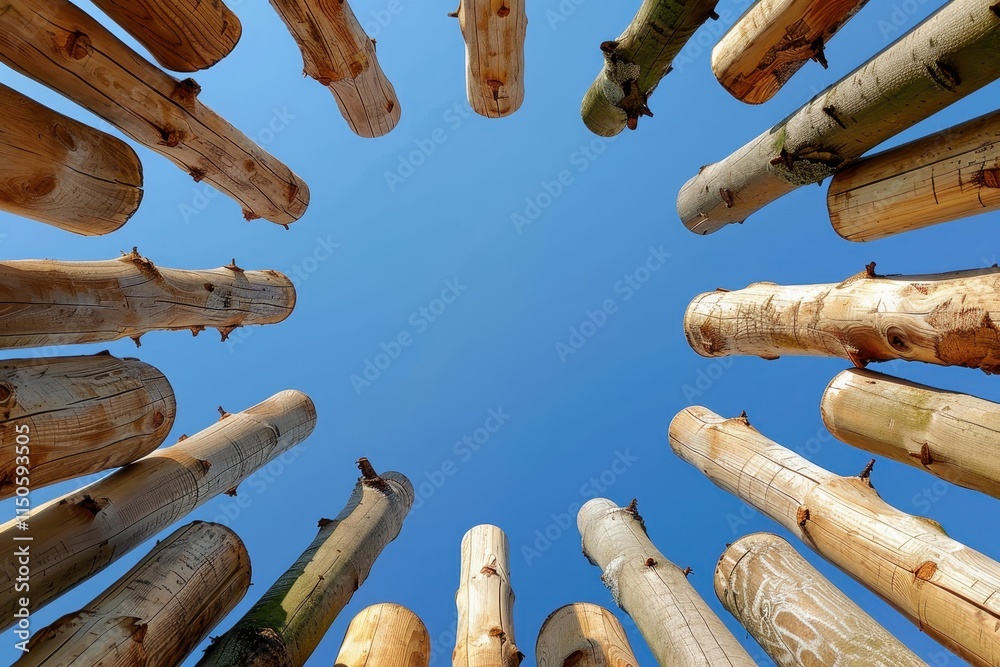 Poster columns rise towards the sky in an ancient site, capturing the beauty of craftsmanship and architect