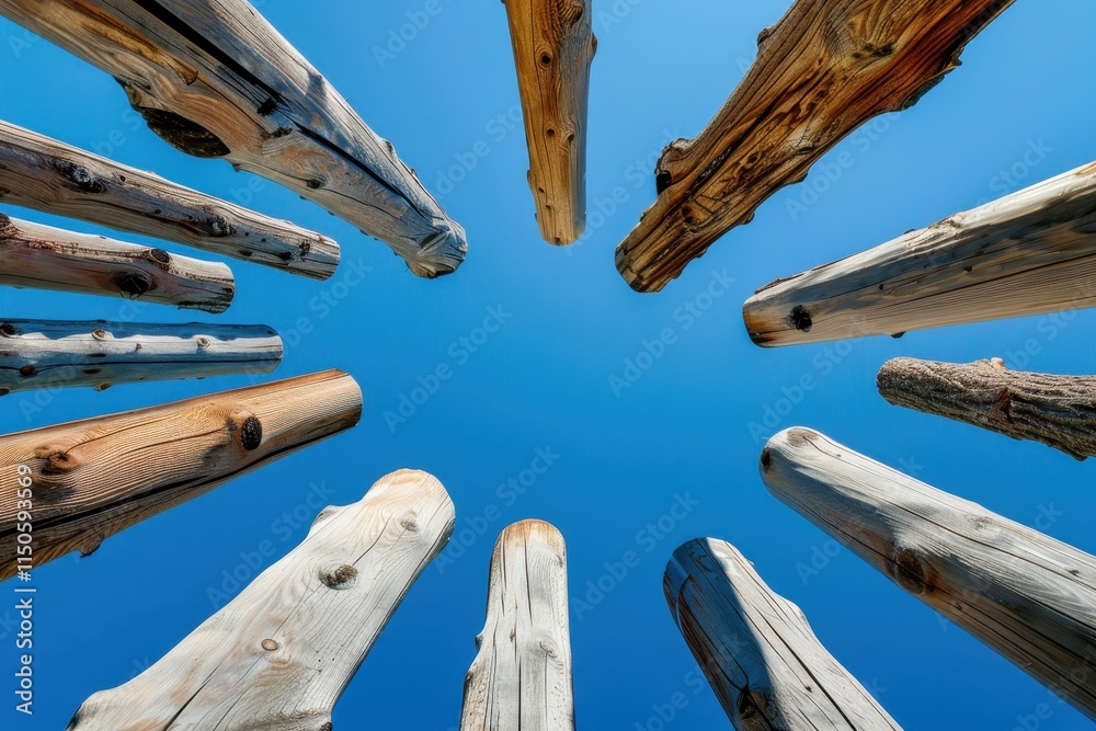 Poster columns rise towards the sky in an ancient site, capturing the beauty of craftsmanship and architect