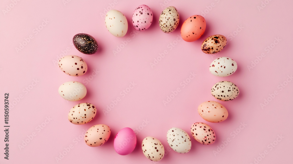 Poster Easter eggs arranged in a colorful circle on a pink background, creating a joyful and festive setting for seasonal festivities