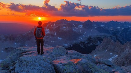 Fototapeta premium A hiker stands on a rocky ledge, admiring a vibrant sunset over mountain peaks.