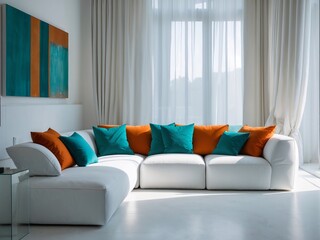 Fototapeta premium Elegant Italian Design White Sofa with Teal and Orange Cushions in Bright Room