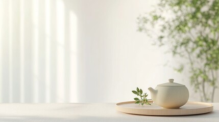 Serene Tea Time with Lion's Mane Tea and Fresh Herbs on Minimalist Background for Relaxation