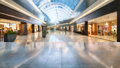 Modern shopping mall interior with glass roof and spacious walkway