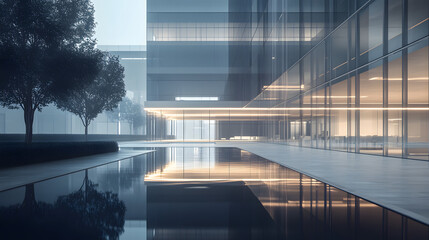 A contemporary office building glowing with soft white lights surrounded by reflective pools.