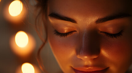 A content face with closed eyes glowing in soft candlelit warmth.
