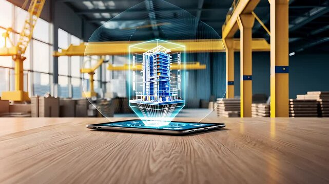 Holographic Building Model Projected from Tablet in Modern Industrial Warehouse with Bright Lighting

