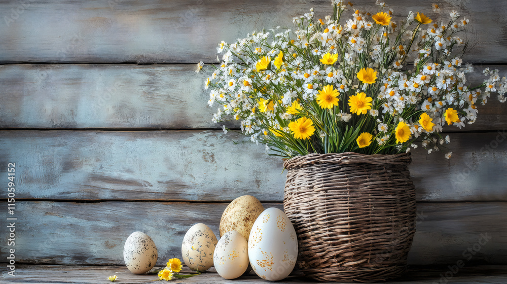 Poster festive easter eggs and wicker basket adorned with yellow and white flowers, adding a cozy touch to 