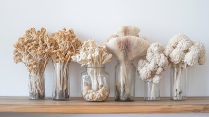 Organic Elegance: Dried Lion's Mane Mushrooms in Glass Jar on Kitchen Shelf