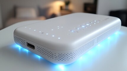 Portable projector on a table with illuminated base, modern design.