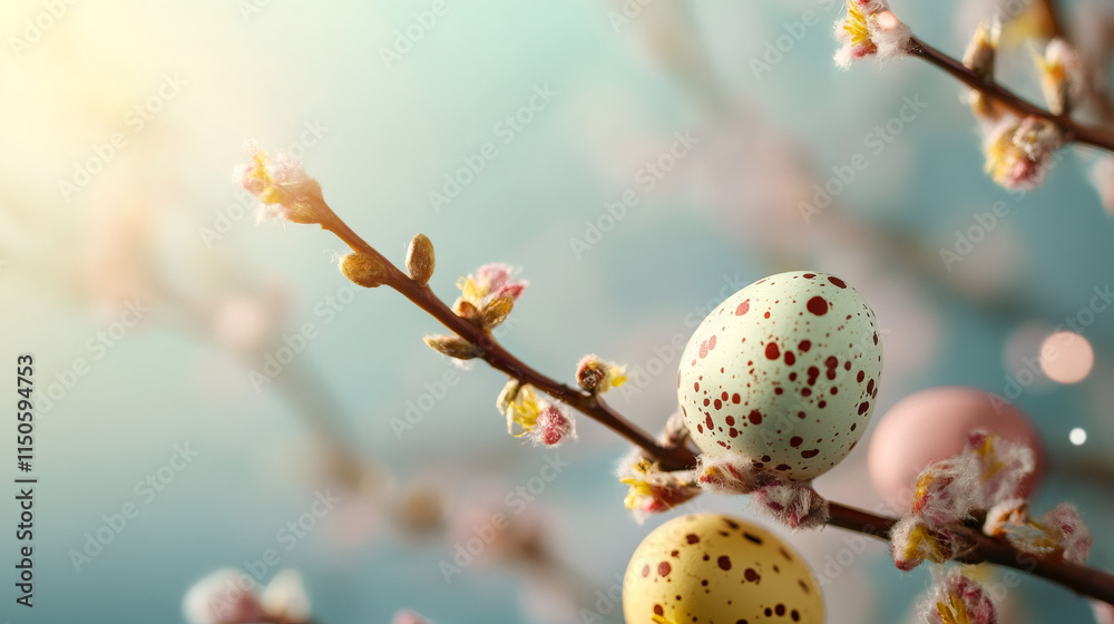 Poster Easter eggs with red speckles hanging on a blooming twig with bokeh effect and sunlight in the background