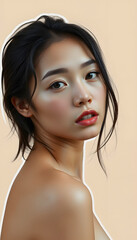 beautiful naked asian girl looking at camera isolated on beige, sticker style, with white tones