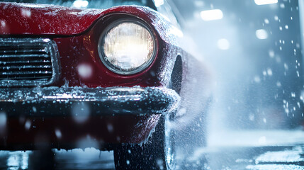 A high-energy car wash with jets of water cleaning a classic vintage car.