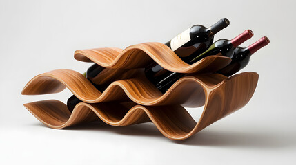 A creative wine rack shaped like a spiraling ribbon of polished wood.