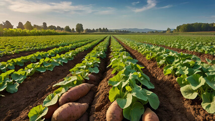 Nourishing Sweet Potato Field, Organic Agriculture Harvest with Bountiful Vegetables, Verdant Soil Farm Thriving with Fresh, Natural Garden Abundance and Healthy Crops