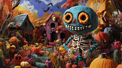 Fototapeta premium A wide halloween scene featuring a skeleton made of soft felt material. the skeleton is crafted with a playful, handcrafted appearance, standing. Hallowed. Illustration