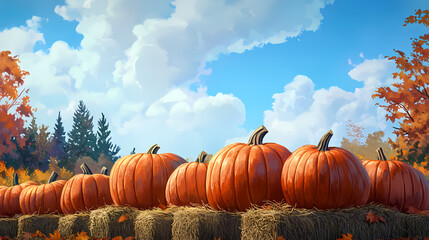 Autumnal display row of big orange pumpkins on bales of hay at all hallows eve in october. fall pumpkins for halloween preparation and thanksgiving day at town market. Hallowed. Illustration