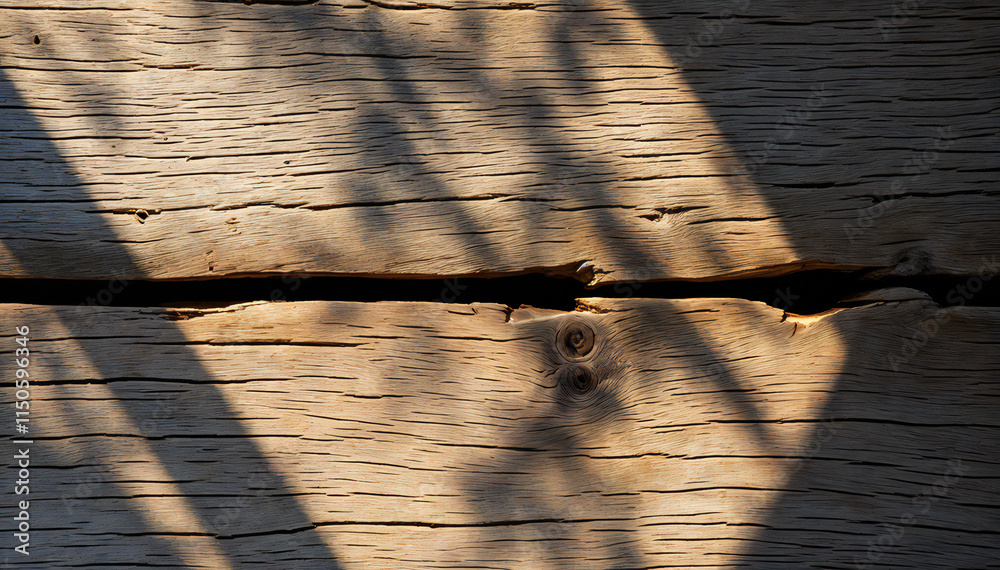 Wall mural weathered wooden planks with shadows cast across the surface, create an interesting textural pattern