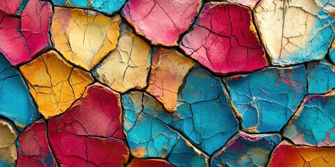 Wall with a colorful pattern made of broken pieces of stone