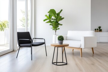 Fototapeta premium Modern Living Room Showcasing Minimalist Furniture With a Black Chair, White Sofa, and Indoor Plants in a Bright, Sunlit Space During the Afternoon