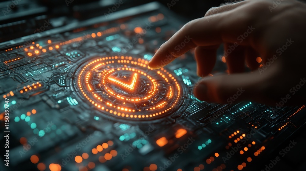 Poster touching a glowing digital interface with a check mark symbol at a high-tech workspace during the ev