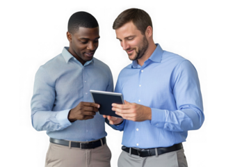 Two diverse business partners standing and discussing project working together on a transparent background
