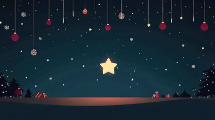 Merry Christmas Night Scene Festive Starry Sky with Ornaments and Gifts