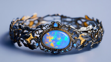 Stunning opal gemstone bracelet with intricate leaf design. Opal. Illustration