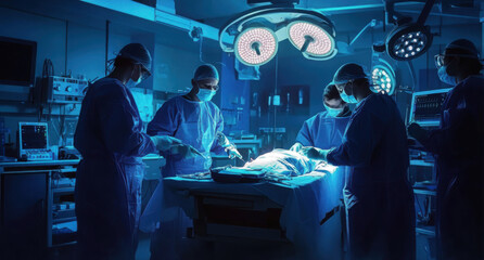 Portrait of a Surgical Team Conducting an Operation in a Dark Hospital Room with Technological Equipment. Black Male Surgeon Having a Discussion with a Nurse while Having an Active Procedure