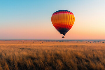 Naklejka premium a hot air balloon in the sky, against the sunset sky, against the dawn.
