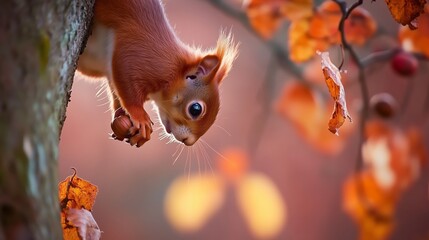 Obraz premium Autumn red squirrel foraging in a tree for hazelnuts in colorful fallen leaves