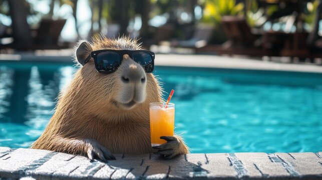 A capybara wearing sunglasses resting beside a swimming pool