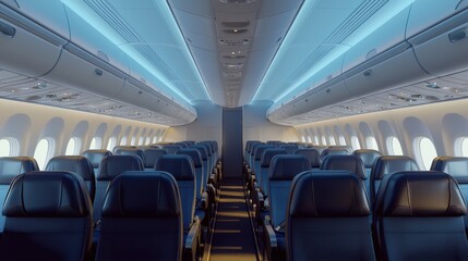 Fototapeta premium Quiet luxury air travel experience modern airplane interior cabin environment soft mood lighting contemporary viewpoint