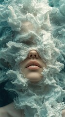 Surreal emotional portrait of a woman enveloped in ethereal clouds studio fine art tranquil environment close-up view