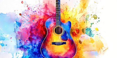 Colorful guitar is shown in a splash of paint