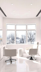 Fototapeta premium White modern beauty salon with armchairs, panoramic window. Mock up wall, papercraft