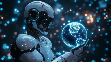 Futuristic robot humanoid figure character holds a glowing globe
