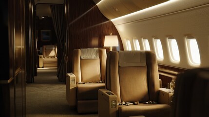 Fototapeta premium Luxury jet interior experience private aircraft cabin design elegant atmosphere interior view quiet comfort