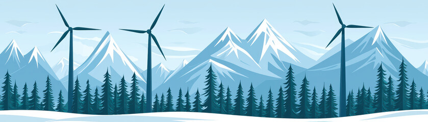 Obraz premium Serene winter landscape featuring snow covered mountains, evergreen trees, and wind turbines, showcasing eco friendly energy