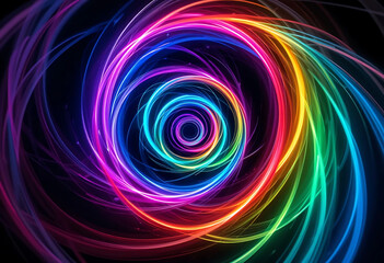 Fototapeta premium Mesmerizing Rainbow Spiral of Neon Light Trails on Black Background, Abstract Energy Flow Visualization