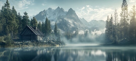 Fototapeta premium A peaceful mountain lake surrounded by evergreen trees, with a wooden cabin nestled among the pines, and a misty morning light breaking over the peaks