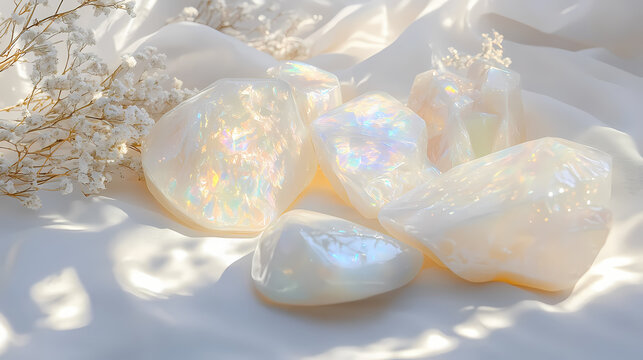 Opal oasis: a subtle white background with iridescent opal accents, creating a dreamy and ethereal atmosphere. Opal. Illustration
