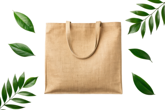 Natural tote bag surrounded by green leaves, cut out - stock png.