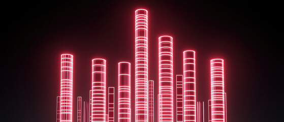 Fototapeta premium Vibrant neon illustration of glowing cylindrical structures in dark setting, creating futuristic atmosphere