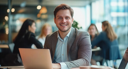 Businessman, portrait and laptop in meeting with research, proposal and planning at finance job. Office, accountant or online bookkeeper with website for company revenue, growth and internship