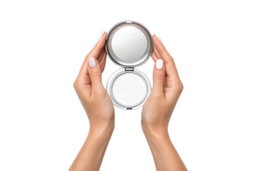 Hands holding a compact mirror in bright light, cut out - stock png.