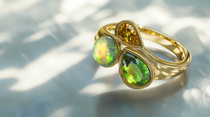 Peridot and opal bypass ring with minimalist bezel set gemstones. resonance. illustration. Opal. Illustration