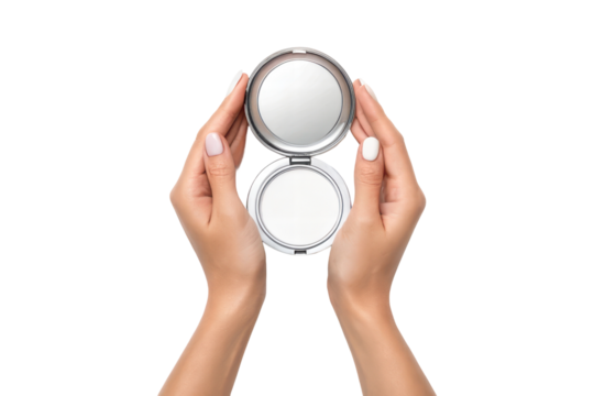 Hands holding a compact mirror in bright light, cut out - stock png.